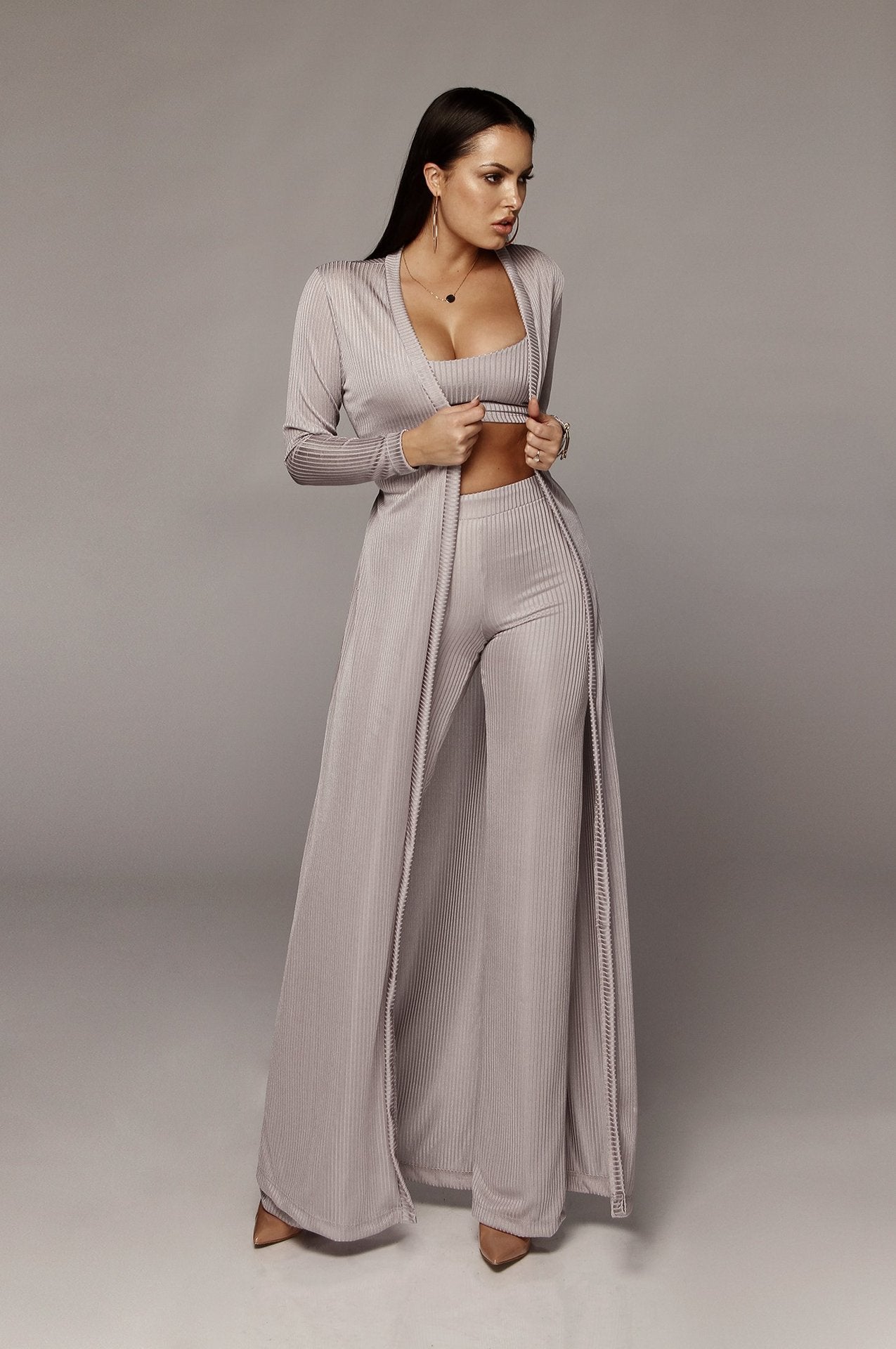 3 Piece Set With Casual Long Cloak Top & Pants