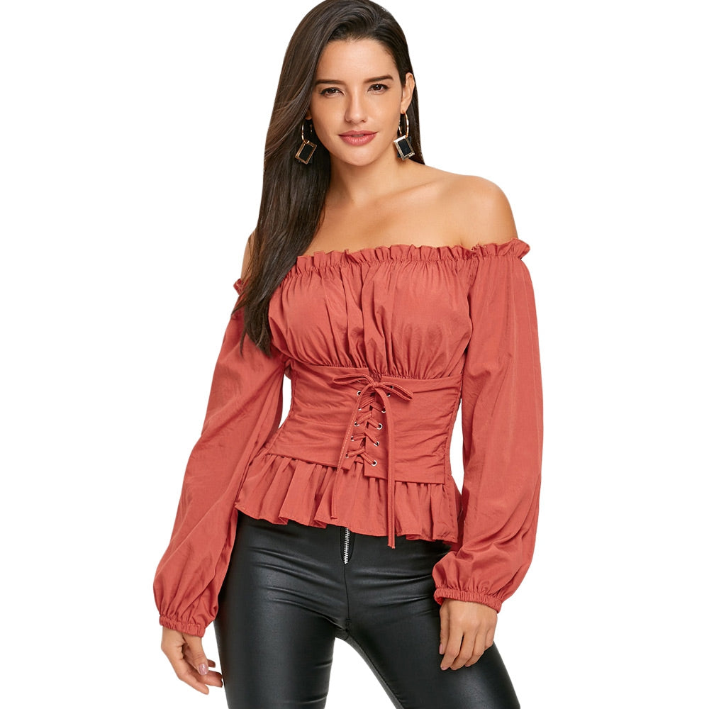 Off The Shoulder Lace Up Smocked Blouse