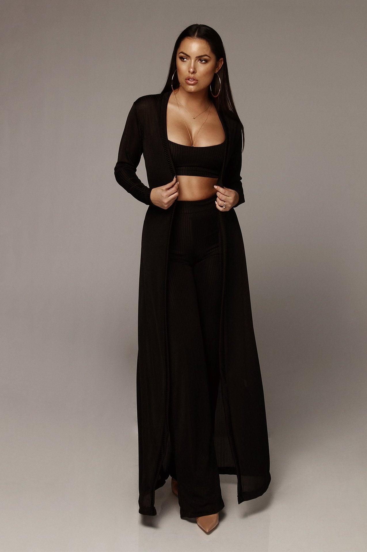 3 Piece Set With Casual Long Cloak Top & Pants