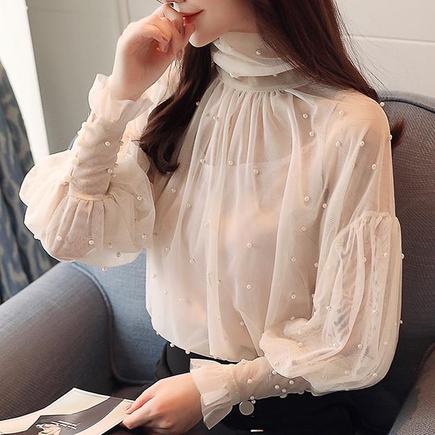 Elegant Lantern Sleeve Chiffon Blouse with Pearl Beading