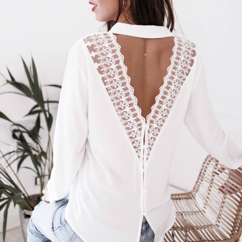 White Elegant Open Back Blouse