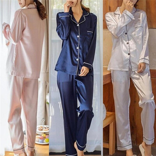 2 Piece Set Silk Satin Long Sleeve Pajama Set