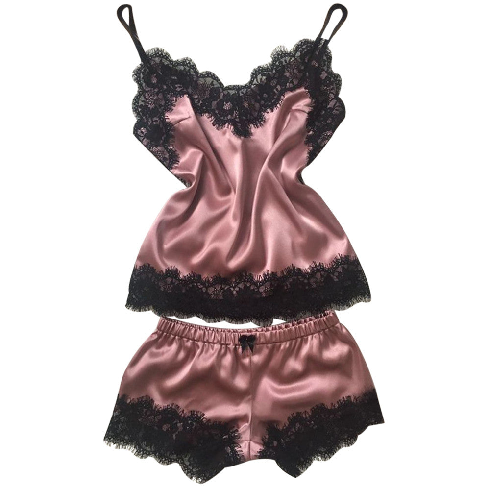 Sexy Satin V-Neck Lave Pajama Set