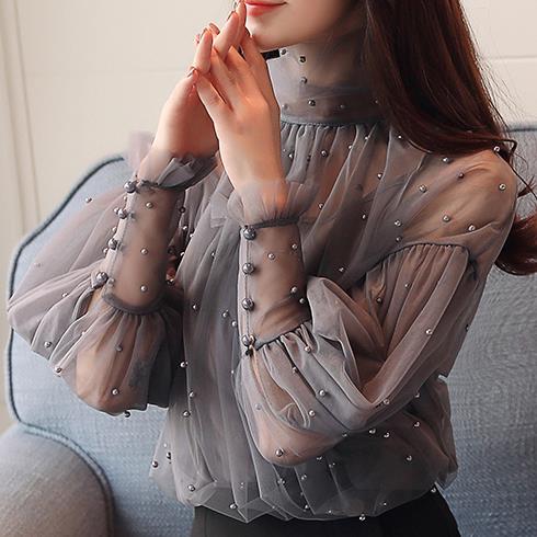 Elegant Lantern Sleeve Chiffon Blouse with Pearl Beading