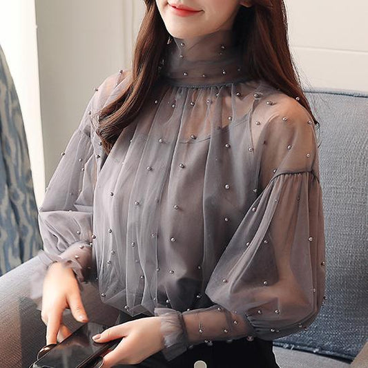 Elegant Lantern Sleeve Chiffon Blouse with Pearl Beading