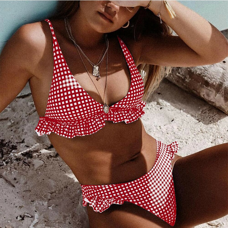 Plaid High Waist Ruffle Bikini