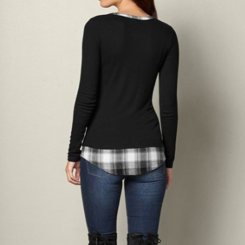 Casual Black with Plaid Design Blouse